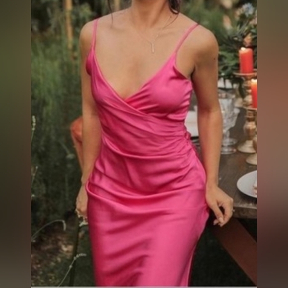 Zara Women's Hot Pink Fuchsia Satin Surplice Neckline Ruched Wrap Midi Dress, XS - Picture 4 of 12